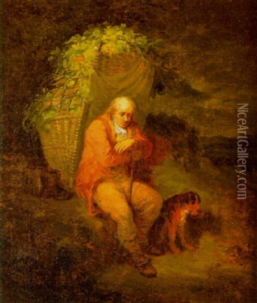 An Old Man Resting With A Basket Of Vegetables On His Back And A Dog By His Side Oil Painting - Thomas Barker