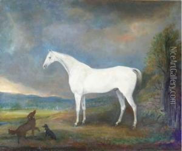 A Grey Hunter With Two Dogs In A Landscape Oil Painting - James Howe