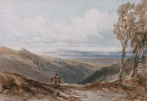 A traveller on a rural track overlooking an estuary Oil Painting - William Callow