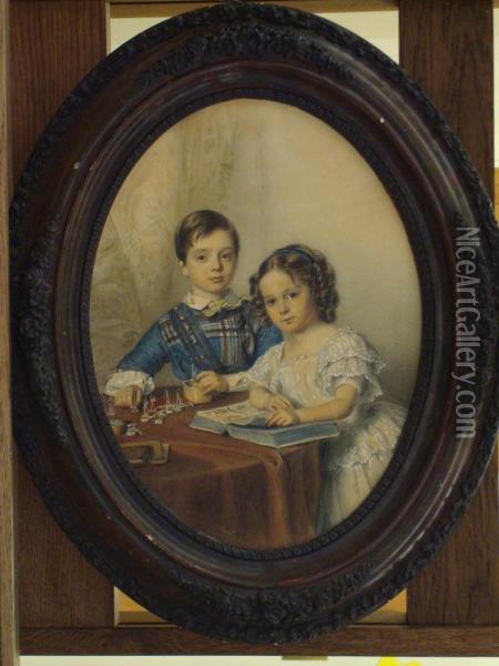 Portrait De Deux Jeunes Enfants Oil Painting - Johann Friedrich Dietler