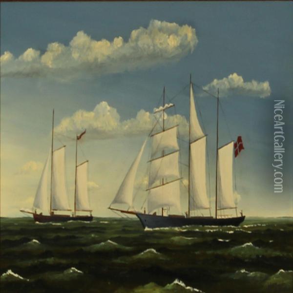 Seascape With Two Sailing Ships Oil Painting - Henrik Lund