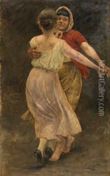 Dancing Laundresses Oil Painting - Josef Engelhart
