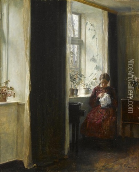Young Girl Embroidering By The Window Oil Painting - Carl Vilhelm Holsoe