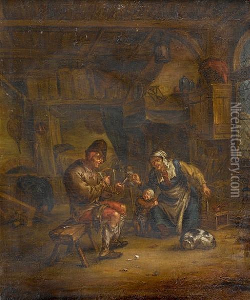 A Peasant Family In A Cottage Interior Oil Painting - Adriaen Jansz. Van Ostade