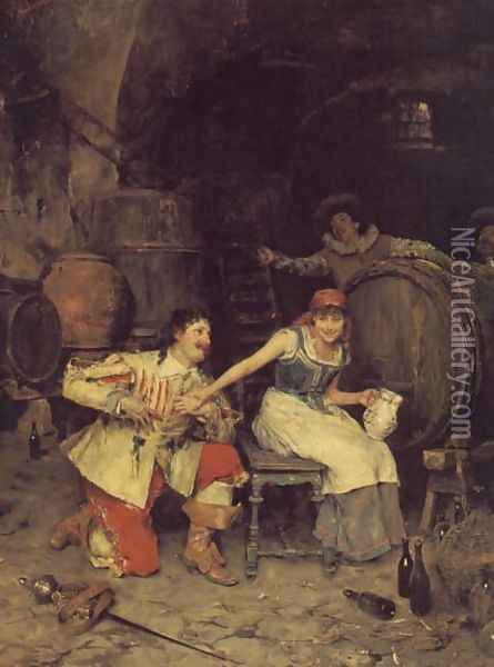 Flirtation in the Wine Cellar Oil Painting - Federico Andreotti