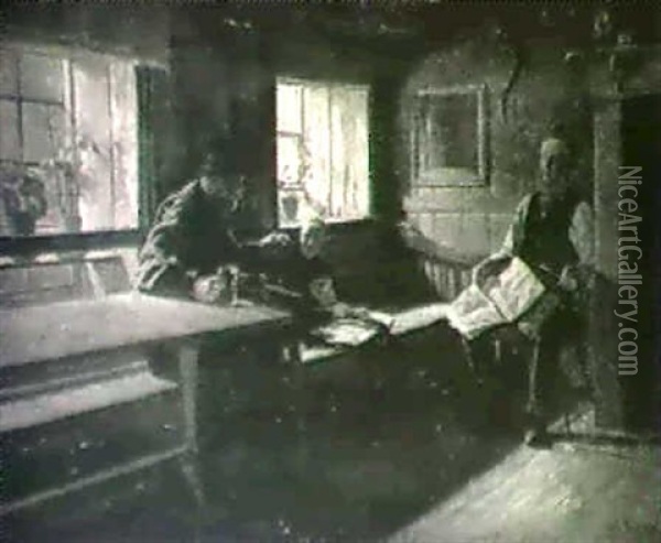 Interior Med Man Och Flicka Oil Painting - Adolph Diedrich Kindermann