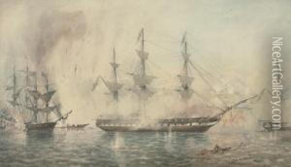 The Bombardment Of Acre Oil Painting - Sir Oswald Walter Brierly