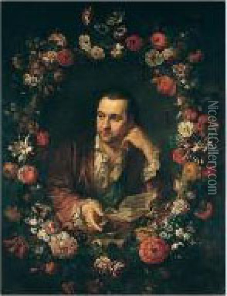 Portrait Of A Man, Half-length, Reading A Book, Within A Garland Of Flowers Oil Painting - Johann Kupetzki