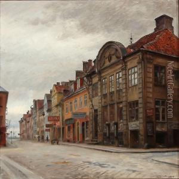 Street Scene From Elsinore. Oil Painting - Tom Petersen