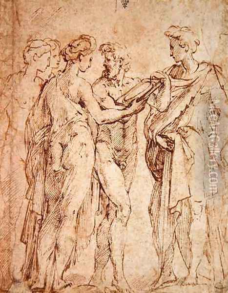Group of Three Women and Two Men, c.1527-30 Oil Painting - Girolamo Francesco Maria Mazzola (Parmigianino)