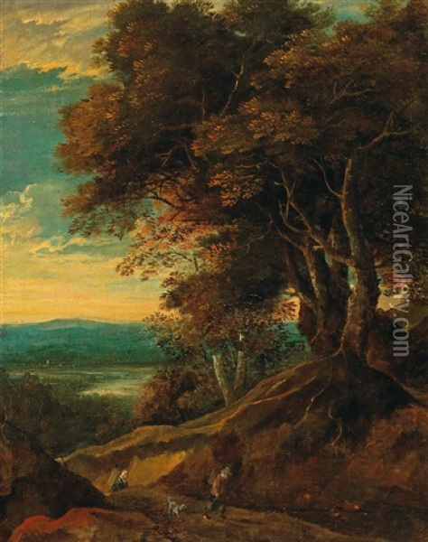 A Hilly, Tree-clustered Landscape With Travellers Oil Painting - Jacques d' Arthois