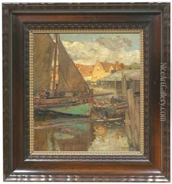 Grunes Schiff, Ostende Oil Painting - Gustav Schoenleber