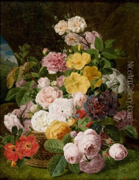 Bouquet De Fleurs Dans Un Panier A L'interieur D Une Grotte Oil Painting - Jan Frans Van Dael