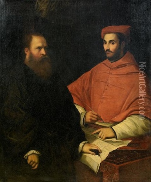 Portrait Of Cardinal Ippolito De Medici And Monsignor Mario Bracci Oil Painting - Girolamo da Carpi