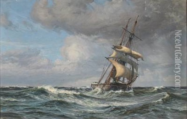 Ship In High Seas Where The Crew Are Heading In The Rig For Bringing Down The Sails Oil Painting - Vilhelm Karl Ferdinand Arnesen