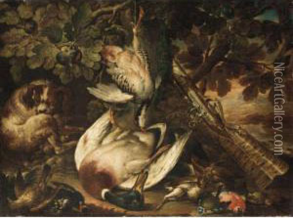 A Spaniel Guarding Over A Duck, A
 Partridge And Smallbirds, Together With A Musket Resting Against A Tree Oil Painting - Baldassare De Caro