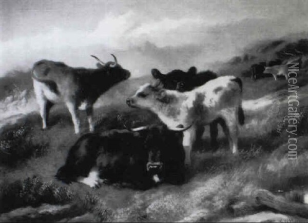 Cattle And Calves On A Hillside Oil Painting - George William Horlor