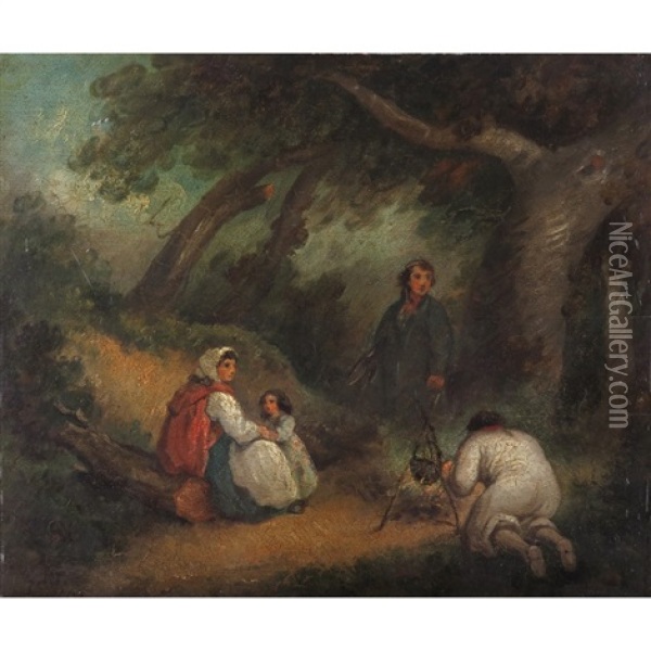 By The Fire Oil Painting - George Morland