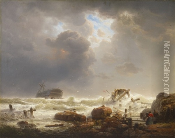 Coastline With Stormy Sea Oil Painting - Andreas Achenbach