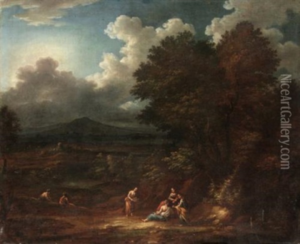 Extensive Classical Landscape With Six Figures In The Foreground, A Hilltop Town Beyond Oil Painting - Jan Baptiste Huysmans