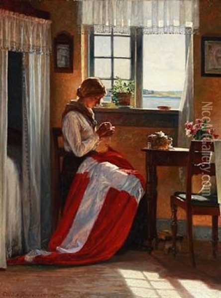 I Danmark (a Woman Sews The Danish Flag With A View Towards A Stream) Oil Painting - Cilius (Johannes Konrad) Andersen