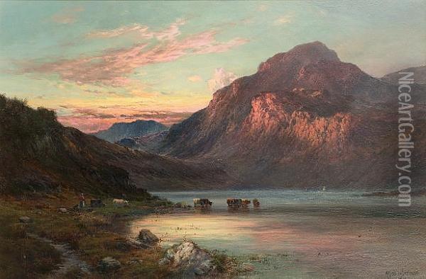 A Perthshire Lake At Sunset Oil Painting - Alfred de Breanski