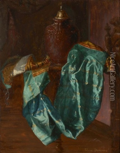 Vase En Agate De La Collection Du Cardinal Mazarin Devant Un Drape Vert Oil Painting - Blaise Alexandre Desgoffe