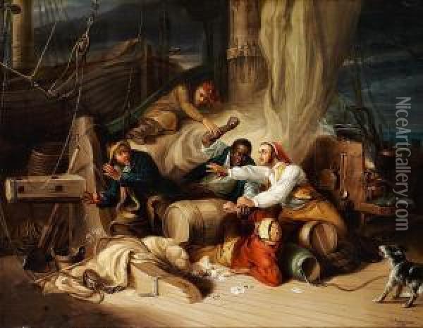 Sailors Playing Cards On Board A Ship Oil Painting - Christian Andreas Schleisner