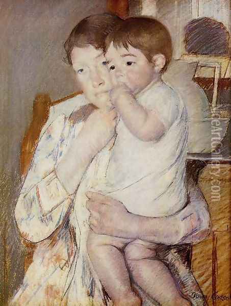 Baby in His Mother's Arms, Sucking His Finger Oil Painting - Mary Cassatt