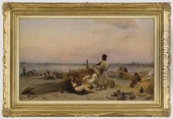 Abendstimmung Mit Lagernden Flosern Am Ufer. Oil Painting - August Wilhelm Stryowski