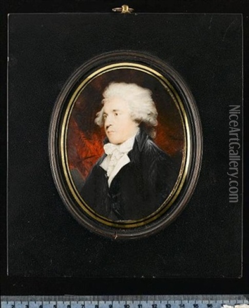 Sir George Howland Beaumont, 7th Bt, Wearing Black Coat, White Waistcoat, Frilled Chemise, Tied Cravat And Powdered Wig, Red Curtain Background Oil Painting - William Grimaldi