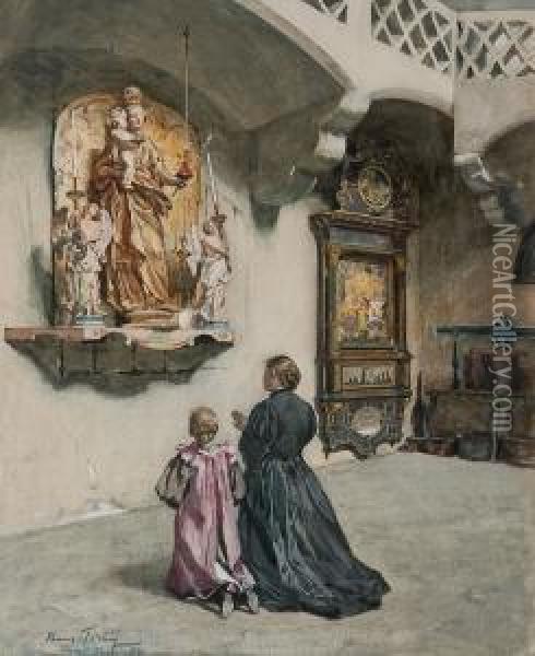 A Mother And Daughter Before A Marian Shrine Oil Painting - Hans Tichy
