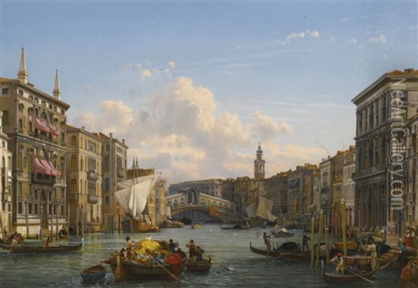 A View Of The Grand Canal Looking Towards The Rialto Bridge, Venice Oil Painting - Friedrich Nerly