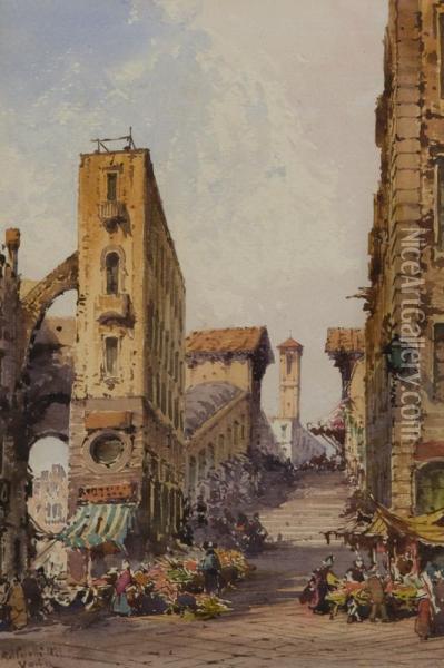 Veduta Urbana Con Mercato Presso Una Scalinata Oil Painting - Gabriele Carelli