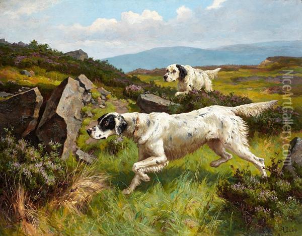 Two Setters Working A Moor Oil Painting - Alfred Duke