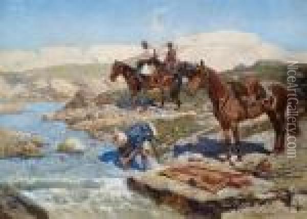 Circassian Horsemen At A River Oil Painting - Franz Roubaud