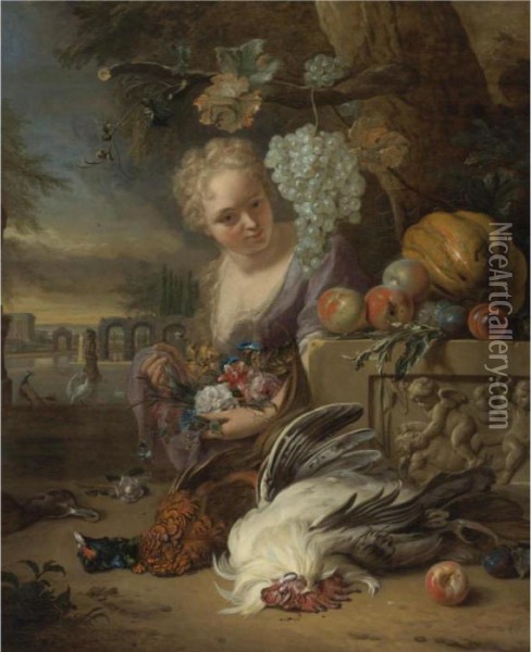 A Young Woman Kneeling And 
Holding Flowers In A Park Landscape, With Game And Fruit Resting On A 
Carved Stone Frieze Oil Painting - Jan Weenix