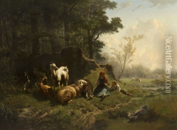 Couple De Jeunes Bergers Dans Un Paysage De Marais Oil Painting - Charles (Jean-Ch. Ferdinand) Humbert