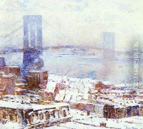 Brooklyn Bridge in Winter Oil Painting - Childe Hassam