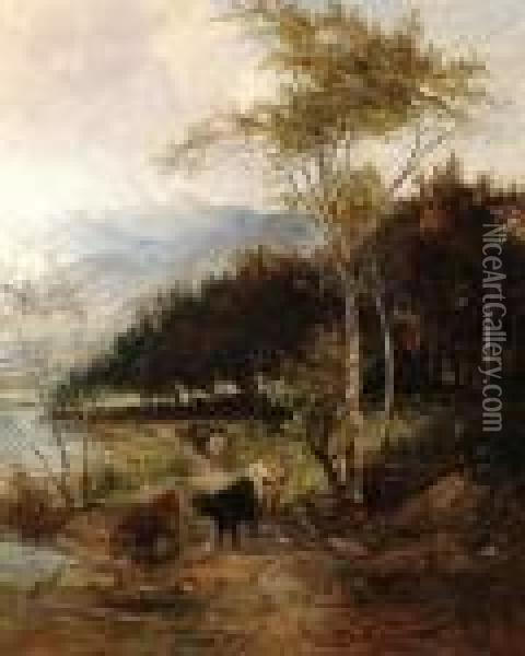 Cattle Coming Down To A River To Drink Oil Painting - Thomas Creswick