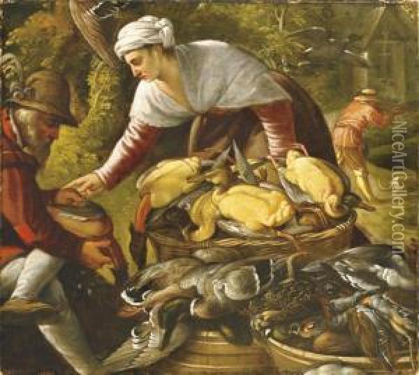 Peasants Plucking Ducks By A Wood, A Hunter Beyond Oil Painting - Paolo Fiammingo