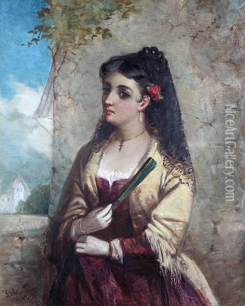 A Spanish Lady, Wearing A Black Lace Veil Andholding A Fan Oil Painting - Frederick Gerald Kinnaird