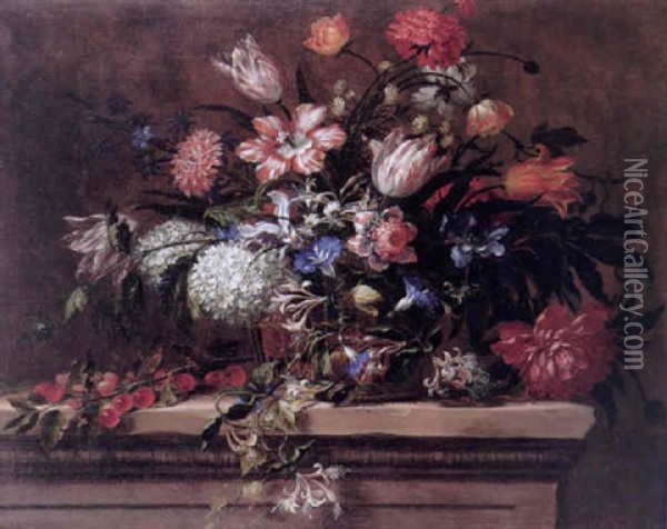 Still Life Of Tulips, Convolvulus, Lilac, Honeysuckle, Poppies And Other Flowers In A Basket On Stone Ledge Oil Painting - Jean-Baptiste Belin de Fontenay the Elder