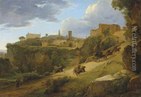 An Italianate Landscape With A Carriage Surrounded By Cuirassiers Entering Acquapendente Oil Painting - Pierre Athanase Chauvin