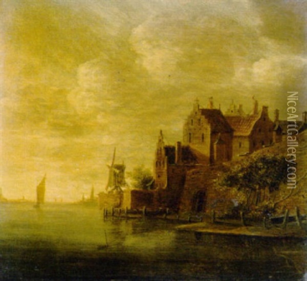 A Fortified Town On A River, With A Sailing Boat In The Distance, At Sunset Oil Painting - Wouter Knijff