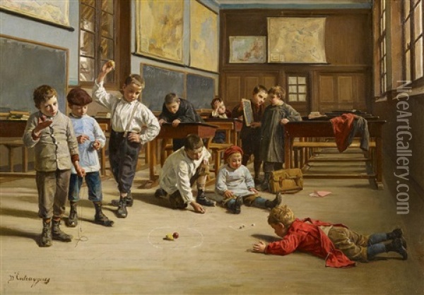 Schuljungen Beim Spielen Mit Kreiseln Im Klassenraum Oil Painting - Charles Bertrand d' Entraygues