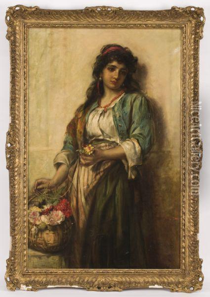 A Gypsy Girl With Flower Basket Oil Painting - Thomas Kent Pelham