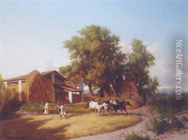 Threshing The Wheat Oil Painting - Andras Marko