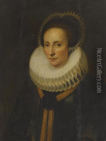 A Portrait Of A Lady In A White Ruff And Lace Headress Oil Painting - Cornelis van der Voort