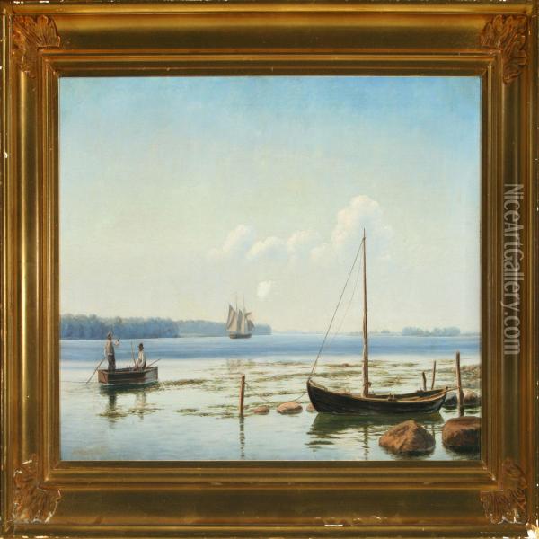 View Over Svendborgsund With Fishermen In A Rowing Boat, In The Background Sailingship Oil Painting - Mathias Lutken